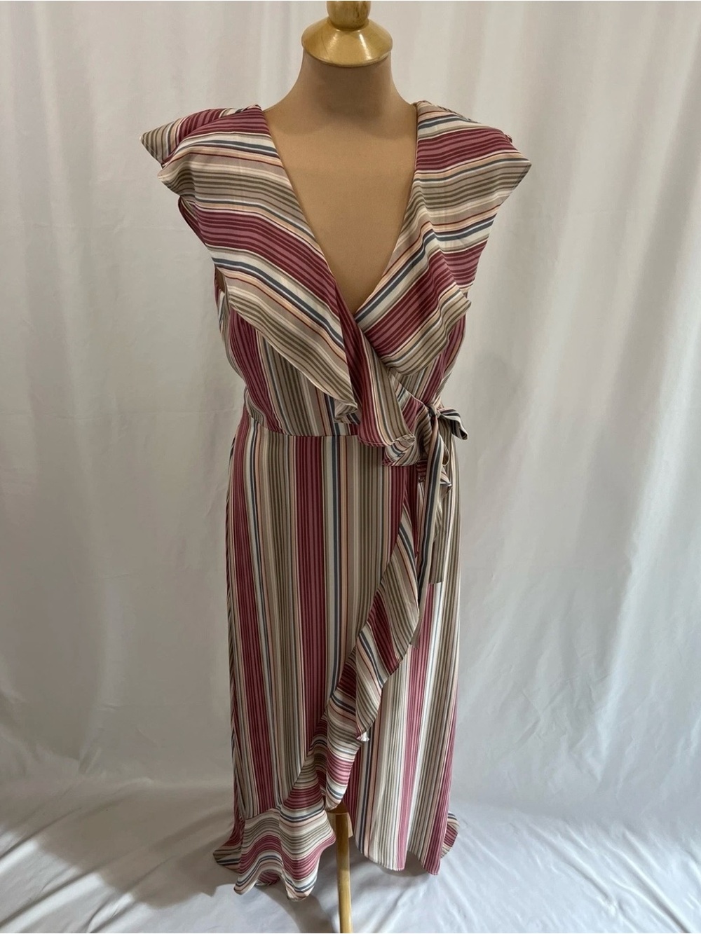Leith Pink Multi-Stripe Ruffle Wrap High-Low Dress Cottagecore - Picture 2 of 9